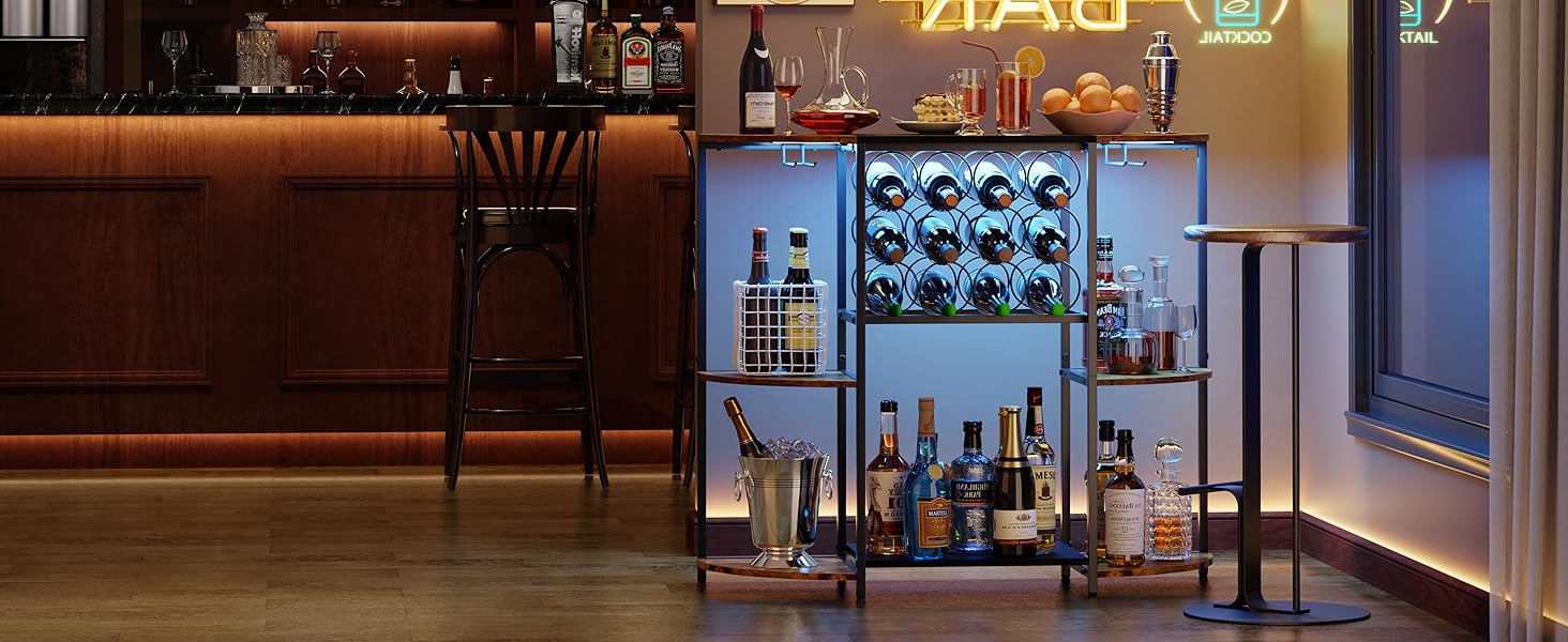 JKsmart Wine Bar Cabinet with LED Lights, Mini Wine Rack with Storage and Glass Holder, Home Bar Cart for Liquor, 3-Tier Bar Table for Kitchen, Dining Room, Living Room, Rustic Brown