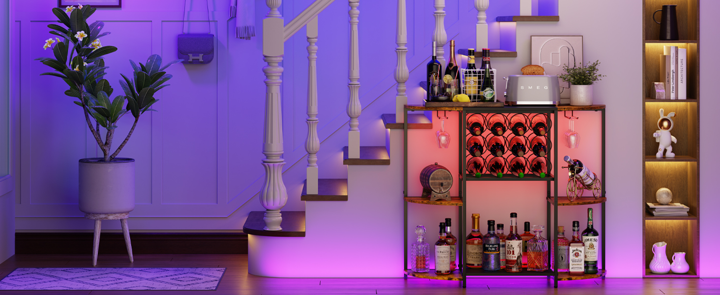 JKsmart Wine Bar Cabinet with LED Lights, Mini Wine Rack with Storage and Glass Holder, Home Bar Cart for Liquor, 3-Tier Bar Table for Kitchen, Dining Room, Living Room, Rustic Brown