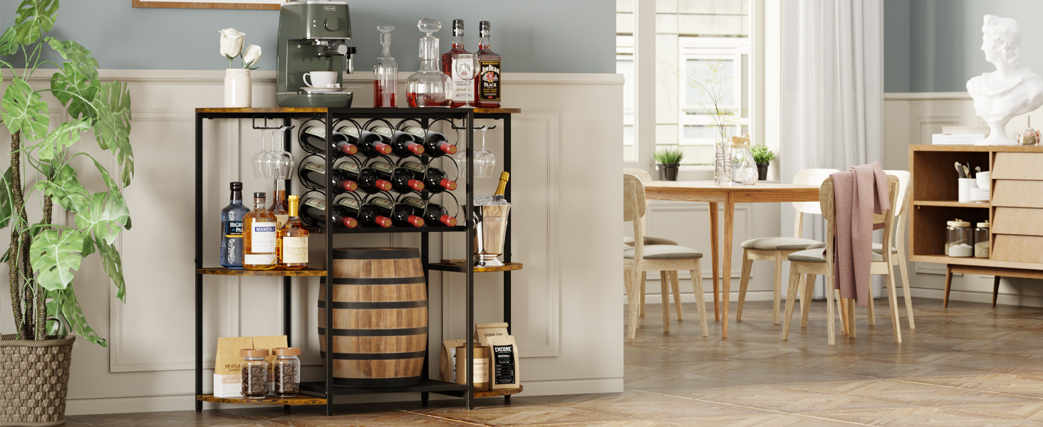 JKsmart Wine Bar Cabinet with LED Lights, Mini Wine Rack with Storage and Glass Holder, Home Bar Cart for Liquor, 3-Tier Bar Table for Kitchen, Dining Room, Living Room, Rustic Brown