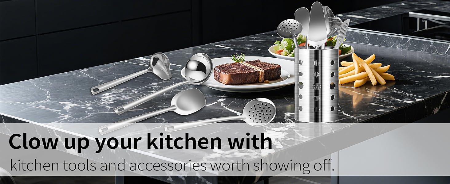 Lazycorner Cooking Utensil Set 11 Pcs Stainless Steel Kitchen Utensils Set Wok Utensils Kitchen Tool Set Spatula Set Heat Resistant Metal Kitchen Tools Ergonomic HandleEasy to Clean Dishwasher Safe