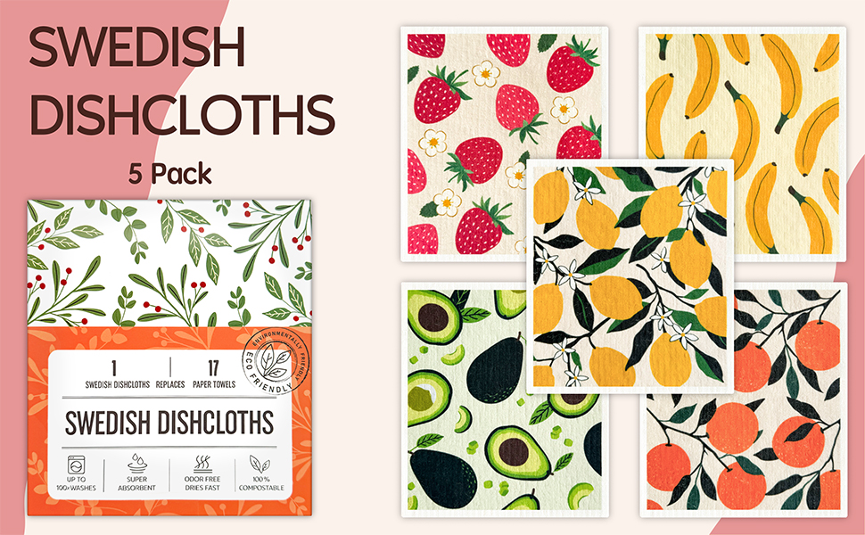 Swedish Dishcloths for Kitchen, Swedish Dish Cloths 5 Pack, Super Absorbent Reusable Paper Towels Washable, Biodegradable, Quick Drying, Dishwasher Safe