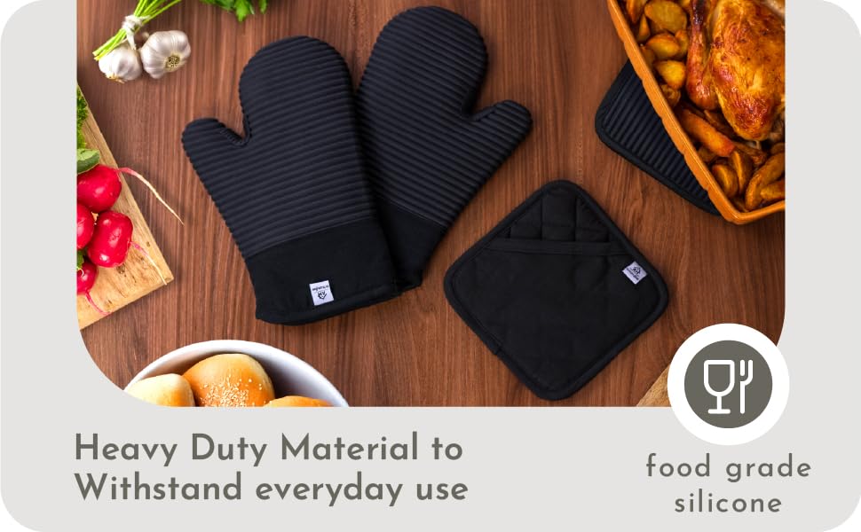 Extra Long Silicone Oven Mitts and Pot Holders Sets | Heat Resistant 500°F BPA-Free Food Grade Silicone Hot Pads & Kitchen Mittens | 4-Piece Set of Oven Gloves & Potholders for Kitchens.