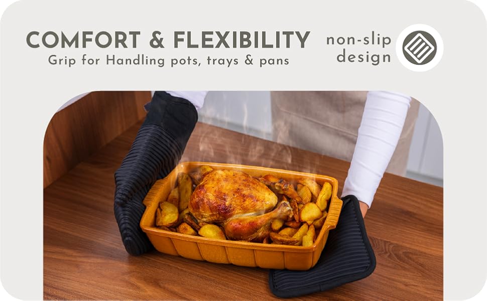 Extra Long Silicone Oven Mitts and Pot Holders Sets | Heat Resistant 500°F BPA-Free Food Grade Silicone Hot Pads & Kitchen Mittens | 4-Piece Set of Oven Gloves & Potholders for Kitchens.