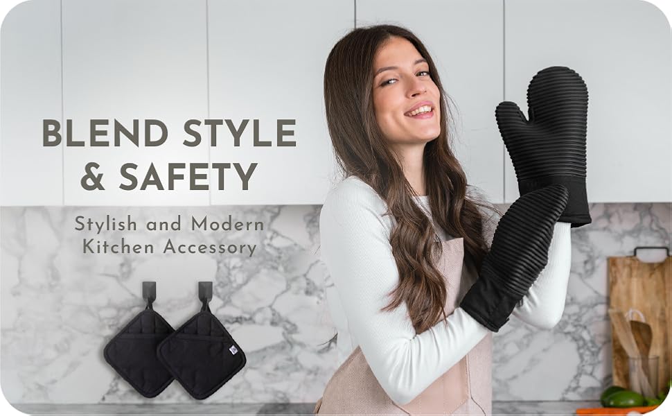 Extra Long Silicone Oven Mitts and Pot Holders Sets | Heat Resistant 500°F BPA-Free Food Grade Silicone Hot Pads & Kitchen Mittens | 4-Piece Set of Oven Gloves & Potholders for Kitchens.