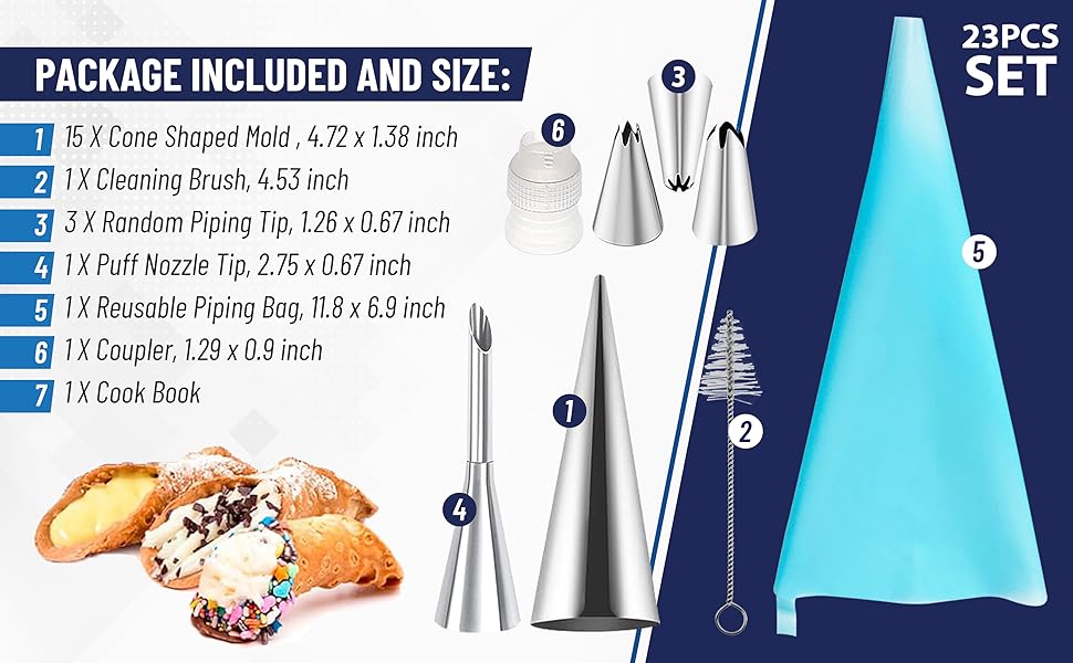 Cream Horn Molds for Baking, 23pcs Horn Forms Set, Non-stick Stainless Steel 15pcs Cone Shaped with Cleaning Brush, Piping Tip, Piping Bag, for ice Cream Cones, Puff Pastry, Baking Cones