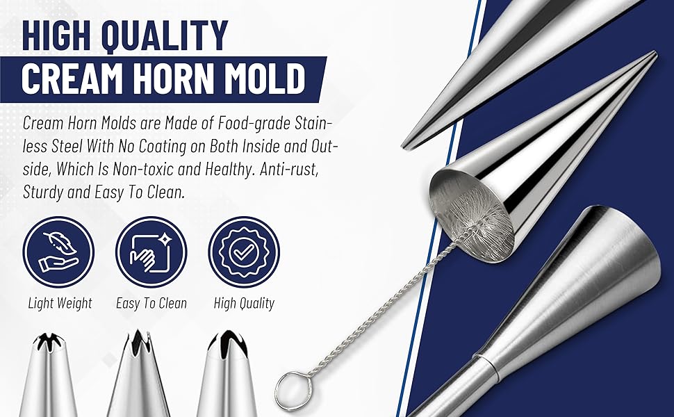 Cream Horn Molds for Baking, 23pcs Horn Forms Set, Non-stick Stainless Steel 15pcs Cone Shaped with Cleaning Brush, Piping Tip, Piping Bag, for ice Cream Cones, Puff Pastry, Baking Cones