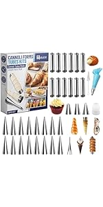 Cream Horn Molds for Baking, 23pcs Horn Forms Set, Non-stick Stainless Steel 15pcs Cone Shaped with Cleaning Brush, Piping Tip, Piping Bag, for ice Cream Cones, Puff Pastry, Baking Cones