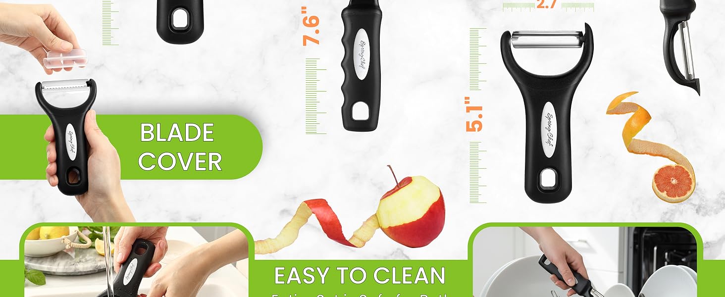 Spring Chef Vegetable Peelers for Kitchen - Stainless Steel Swivel, Y & Julienne Peelers, Potato Peelers with Soft Grip Handles, Kitchen Utensils Set of 3 for Fruits, Veggies, Apples, Carrots