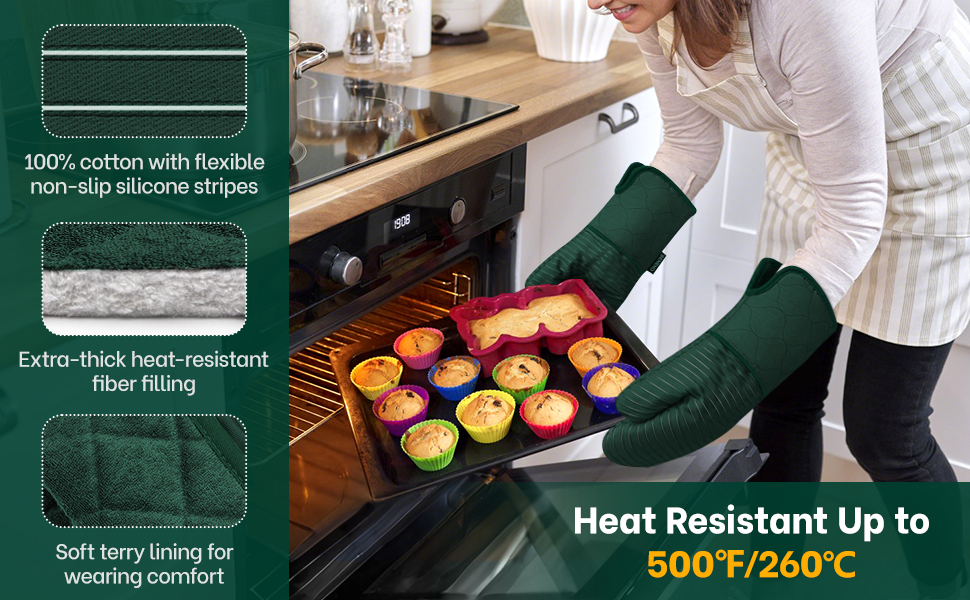 Beneno Kitchen Oven Mitts 2-Pack Heat Resistant to 500°F with Non-Slip Silicone Grip, Extra Long 14.3