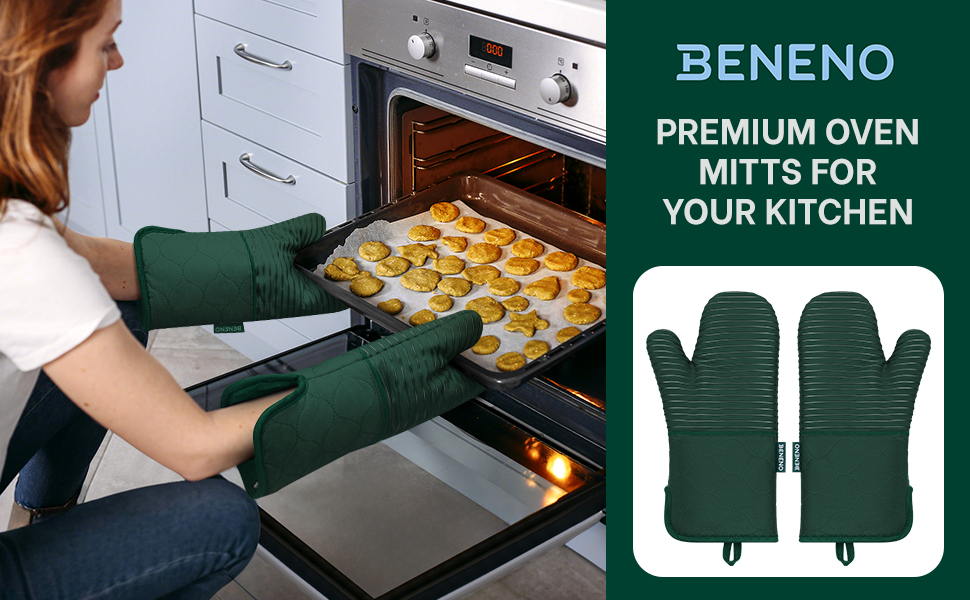 Beneno Kitchen Oven Mitts 2-Pack Heat Resistant to 500°F with Non-Slip Silicone Grip, Extra Long 14.3