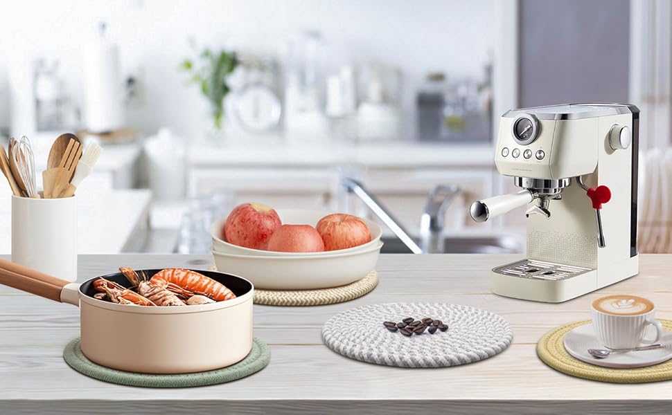 Trivets for Hot Dishes, 4 Pot Holders for Kitchen, Heat Resistant Mats for Countertop, 8 Inch Hot Pads for Hot Pots and Pans, Coaster, Home Essentials, Rustic Farmhouse Decor (Black)