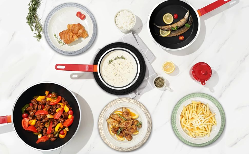 Trivets for Hot Dishes, 4 Pot Holders for Kitchen, Heat Resistant Mats for Countertop, 8 Inch Hot Pads for Hot Pots and Pans, Coaster, Home Essentials, Rustic Farmhouse Decor (Black)