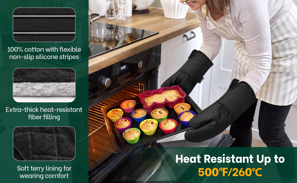 Beneno Kitchen Oven Mitts 2-Pack Heat Resistant to 500°F with Non-Slip Silicone Grip, Extra Long 14.3