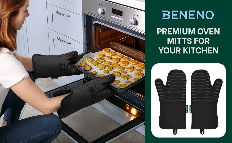 Beneno Kitchen Oven Mitts 2-Pack Heat Resistant to 500°F with Non-Slip Silicone Grip, Extra Long 14.3