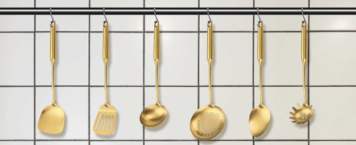 304 Stainless Steel Cooking Utensil,Kitchen Utensil with Spatula, Solid Spoon, Ladle, Skimmer, Spaghetti Spoon, 6 Piece Set, Dishwasher Safe(Gold)