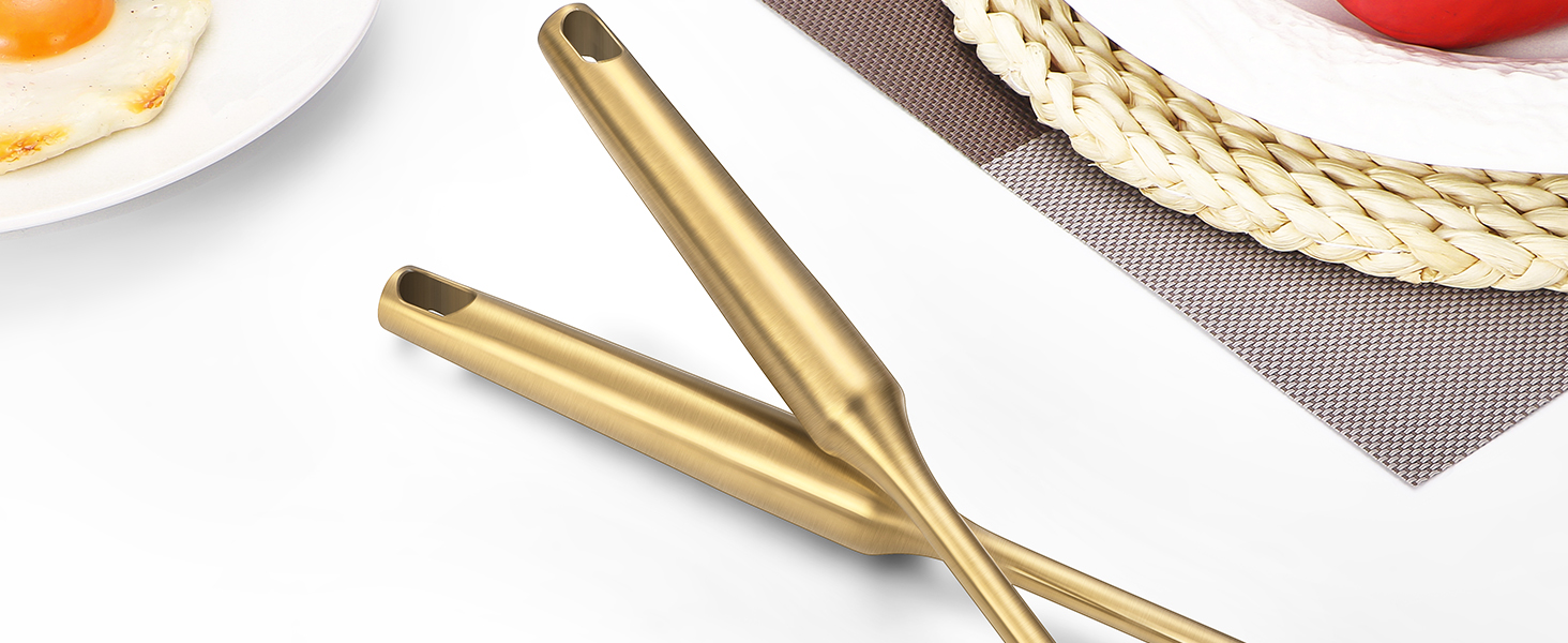 304 Stainless Steel Cooking Utensil,Kitchen Utensil with Spatula, Solid Spoon, Ladle, Skimmer, Spaghetti Spoon, 6 Piece Set, Dishwasher Safe(Gold)