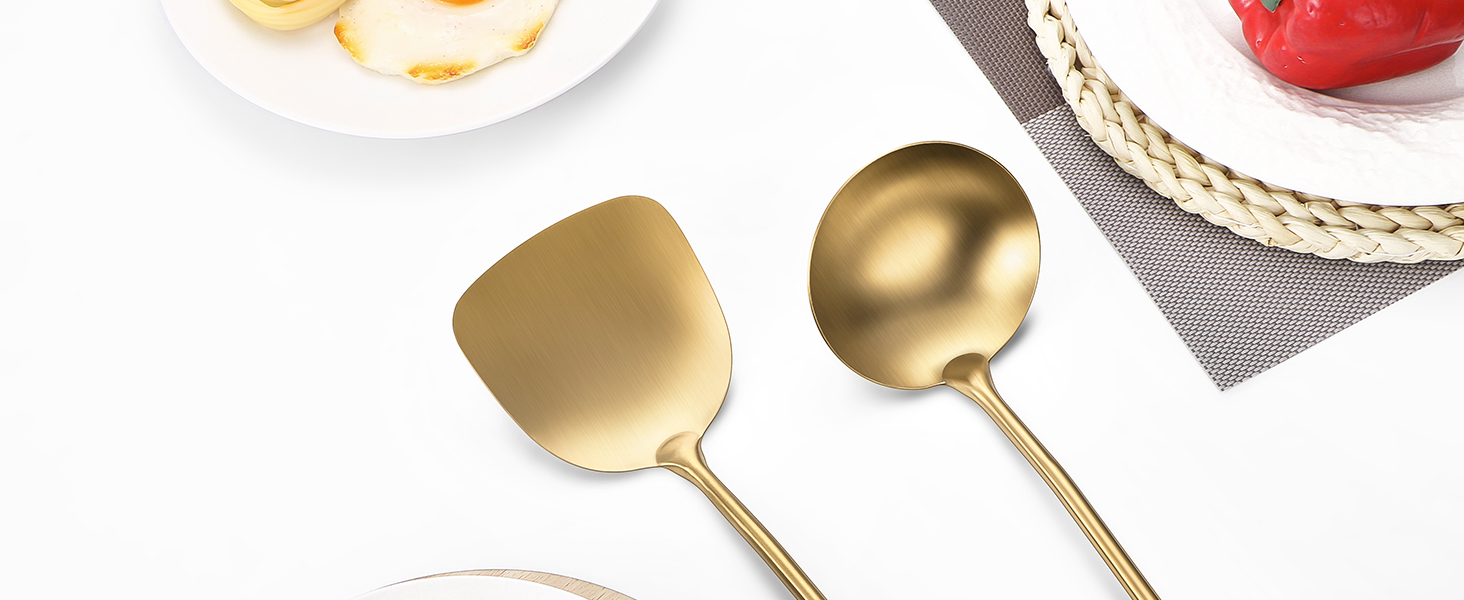 304 Stainless Steel Cooking Utensil,Kitchen Utensil with Spatula, Solid Spoon, Ladle, Skimmer, Spaghetti Spoon, 6 Piece Set, Dishwasher Safe(Gold)