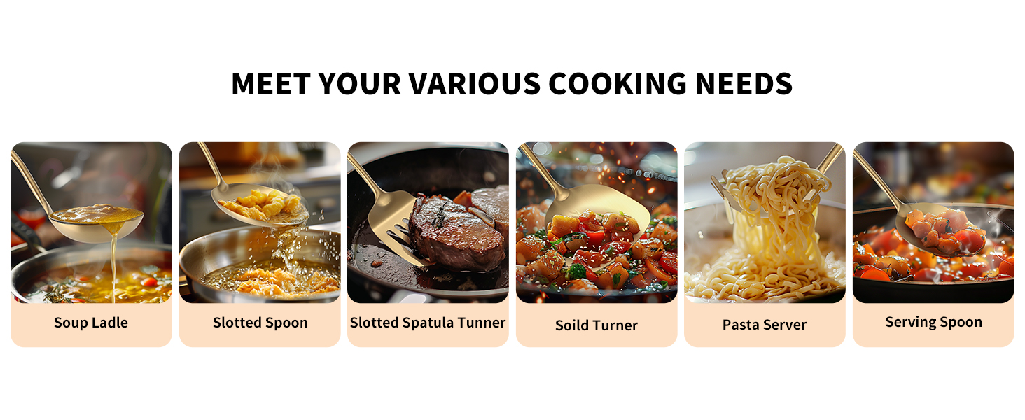 304 Stainless Steel Cooking Utensil,Kitchen Utensil with Spatula, Solid Spoon, Ladle, Skimmer, Spaghetti Spoon, 6 Piece Set, Dishwasher Safe(Gold)