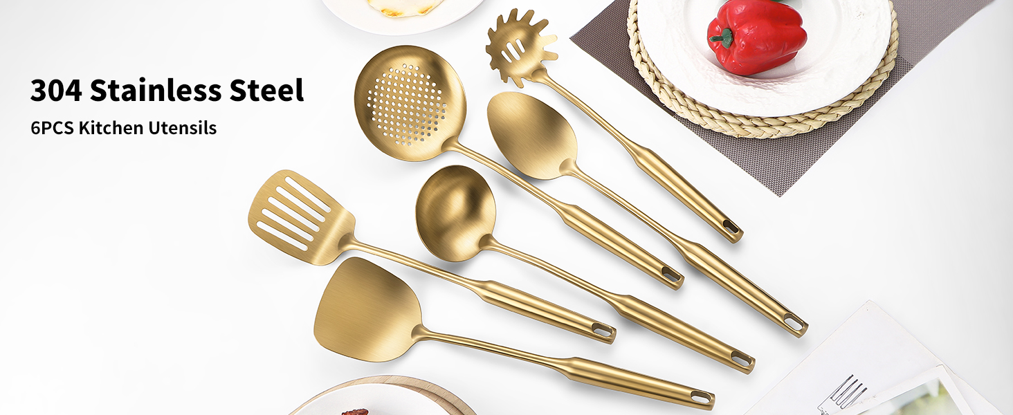 304 Stainless Steel Cooking Utensil,Kitchen Utensil with Spatula, Solid Spoon, Ladle, Skimmer, Spaghetti Spoon, 6 Piece Set, Dishwasher Safe(Gold)