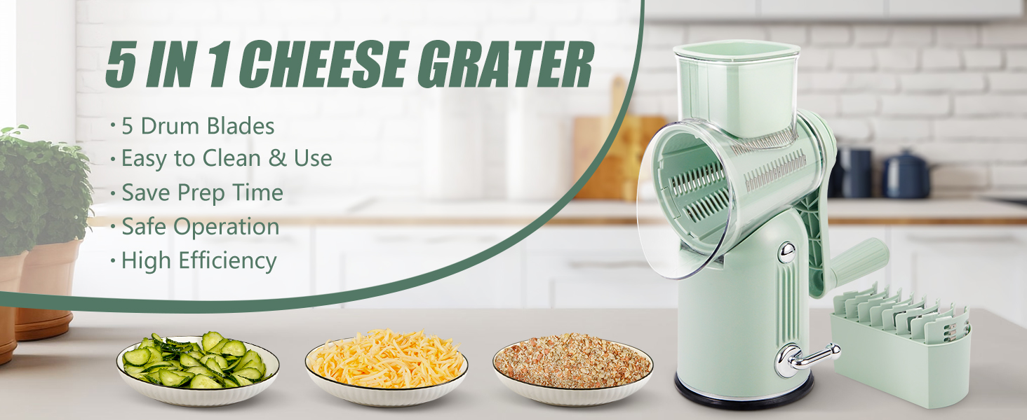 Rotary Cheese Grater with Handle: 5-in-1 Cheese Grater Hand Crank, Strong Suction Base for Fruit Vegetables Nuts with Blade Storage Box (Green)