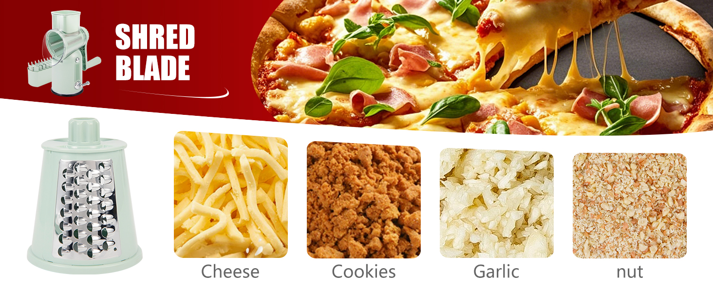 Rotary Cheese Grater with Handle: 5-in-1 Cheese Grater Hand Crank, Strong Suction Base for Fruit Vegetables Nuts with Blade Storage Box (Green)