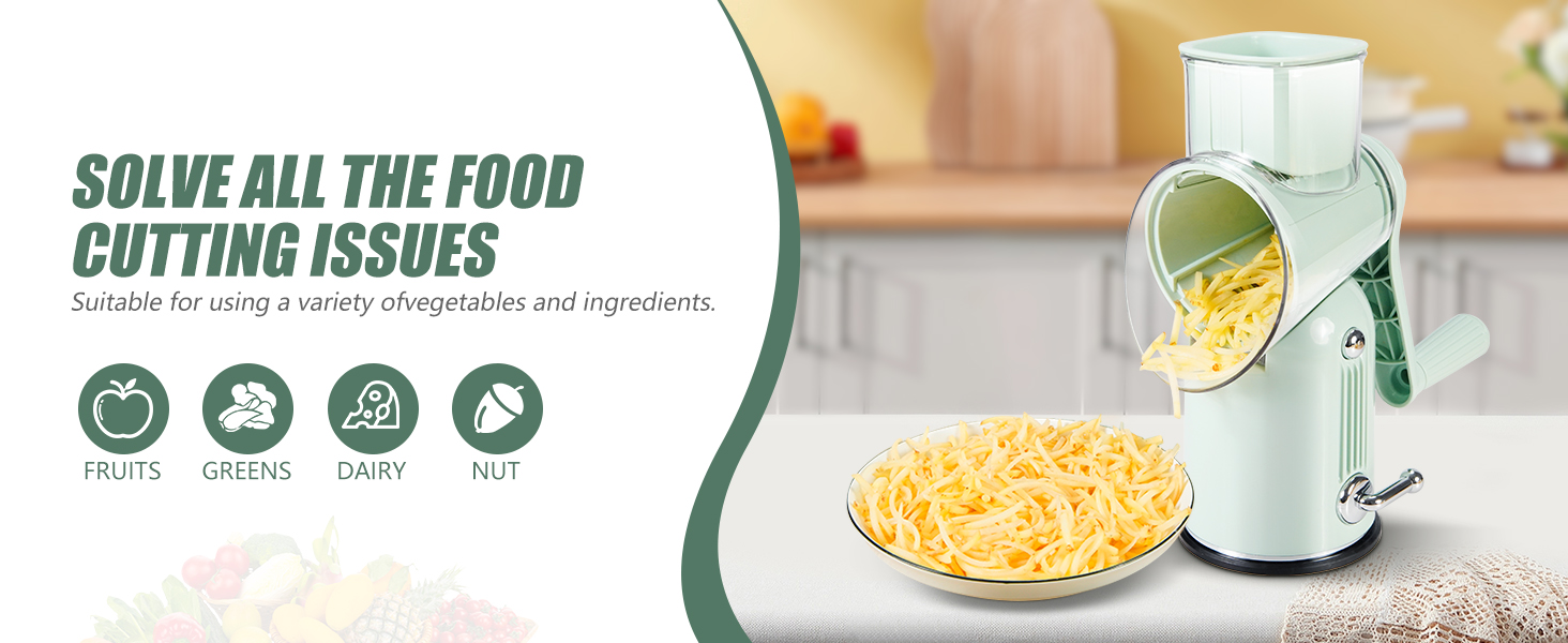 Rotary Cheese Grater with Handle: 5-in-1 Cheese Grater Hand Crank, Strong Suction Base for Fruit Vegetables Nuts with Blade Storage Box (Green)