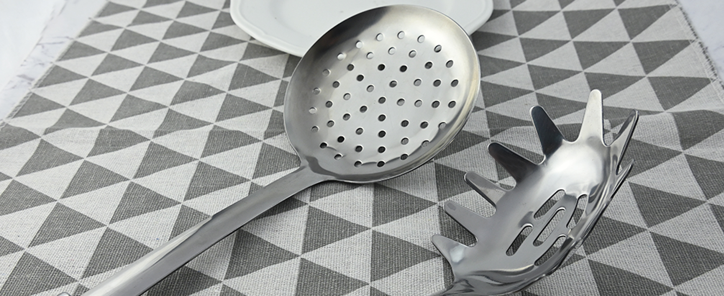 18/0 Stainless Steel Spaghetti Spoon & Slotted Spoon for Cooking, Heavy Duty Frying Spoon Pasta Strainer Skimmer, Cooking Utensils Commercial and Residential Use, Pack of 2