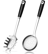 18/0 Stainless Steel Spaghetti Spoon & Slotted Spoon for Cooking, Heavy Duty Frying Spoon Pasta Strainer Skimmer, Cooking Utensils Commercial and Residential Use, Pack of 2