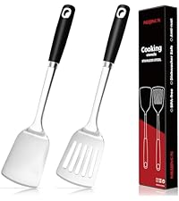 18/0 Stainless Steel Spaghetti Spoon & Slotted Spoon for Cooking, Heavy Duty Frying Spoon Pasta Strainer Skimmer, Cooking Utensils Commercial and Residential Use, Pack of 2