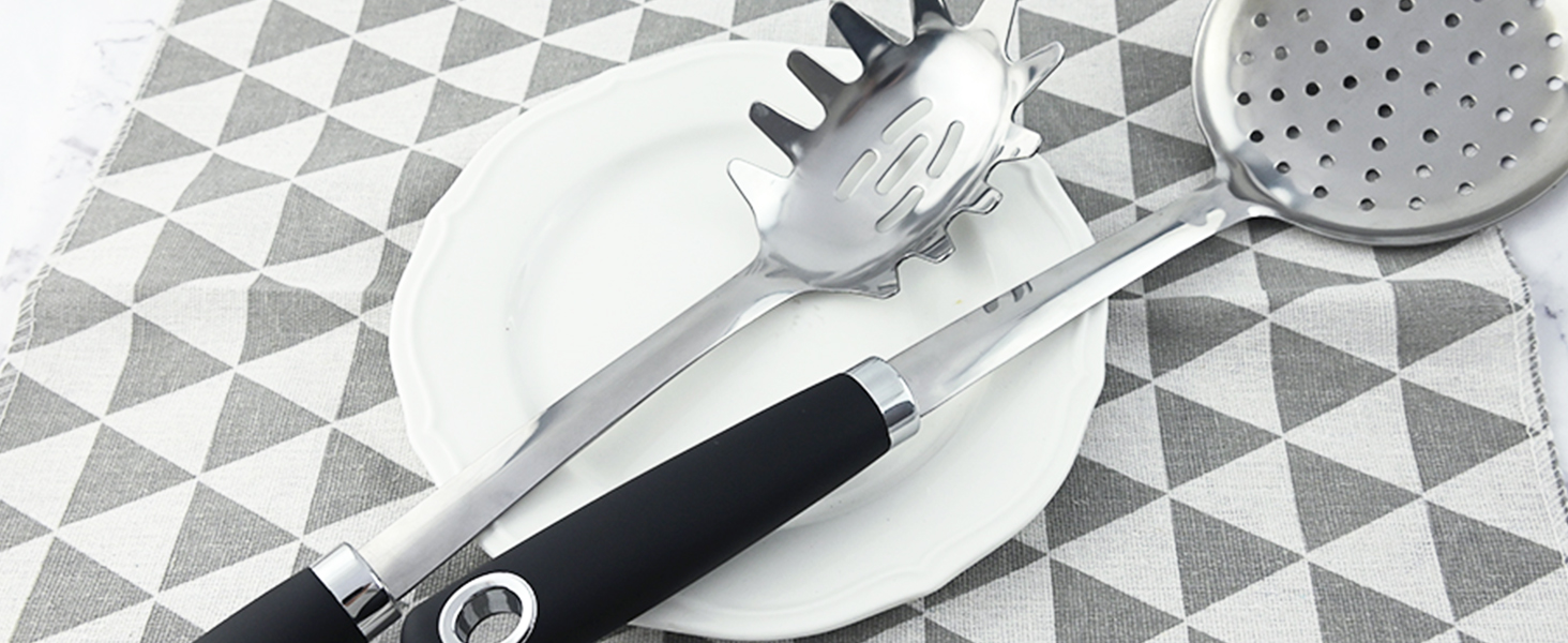 18/0 Stainless Steel Spaghetti Spoon & Slotted Spoon for Cooking, Heavy Duty Frying Spoon Pasta Strainer Skimmer, Cooking Utensils Commercial and Residential Use, Pack of 2