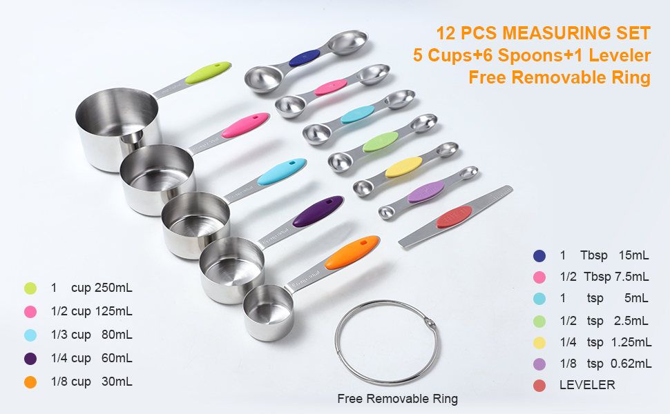 12 PCS Measuring Cups and Spoons Set Stainless Steel, 5 Measuring Cups with Colorful Silicone Handle and 6 Double-Sided Magnetic Measuring Spoons & 1 Leveler for Cooking and Baking (5+6+1)