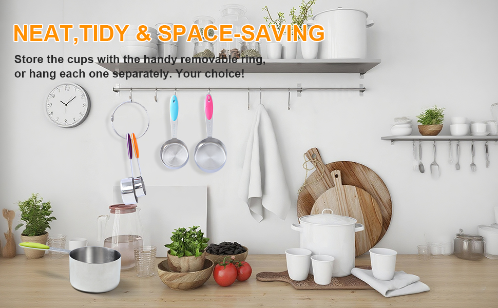 12 PCS Measuring Cups and Spoons Set Stainless Steel, 5 Measuring Cups with Colorful Silicone Handle and 6 Double-Sided Magnetic Measuring Spoons & 1 Leveler for Cooking and Baking (5+6+1)