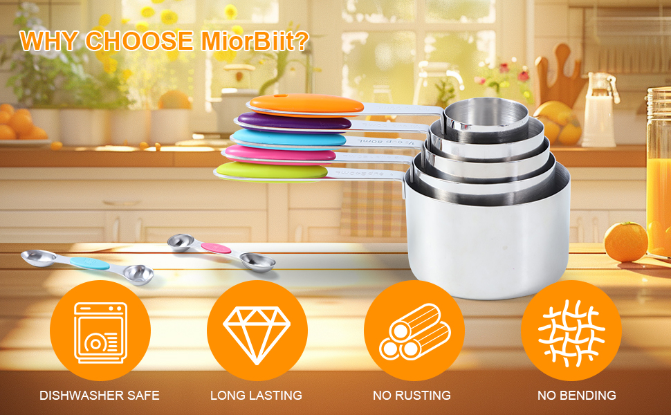 12 PCS Measuring Cups and Spoons Set Stainless Steel, 5 Measuring Cups with Colorful Silicone Handle and 6 Double-Sided Magnetic Measuring Spoons & 1 Leveler for Cooking and Baking (5+6+1)
