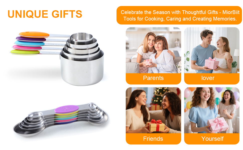 12 PCS Measuring Cups and Spoons Set Stainless Steel, 5 Measuring Cups with Colorful Silicone Handle and 6 Double-Sided Magnetic Measuring Spoons & 1 Leveler for Cooking and Baking (5+6+1)