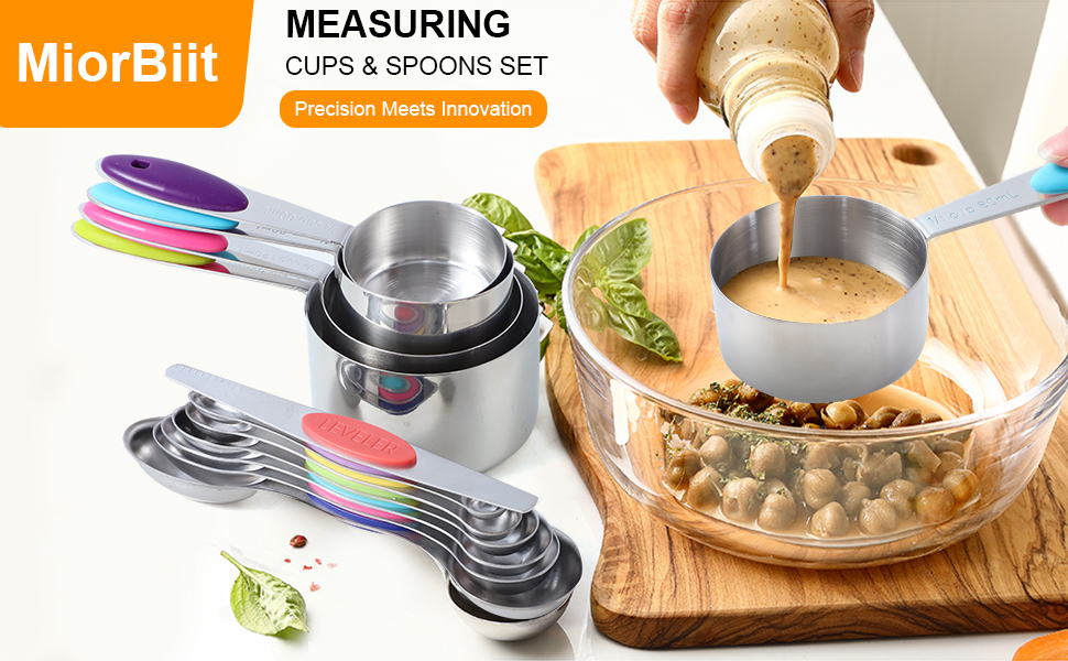 12 PCS Measuring Cups and Spoons Set Stainless Steel, 5 Measuring Cups with Colorful Silicone Handle and 6 Double-Sided Magnetic Measuring Spoons & 1 Leveler for Cooking and Baking (5+6+1)
