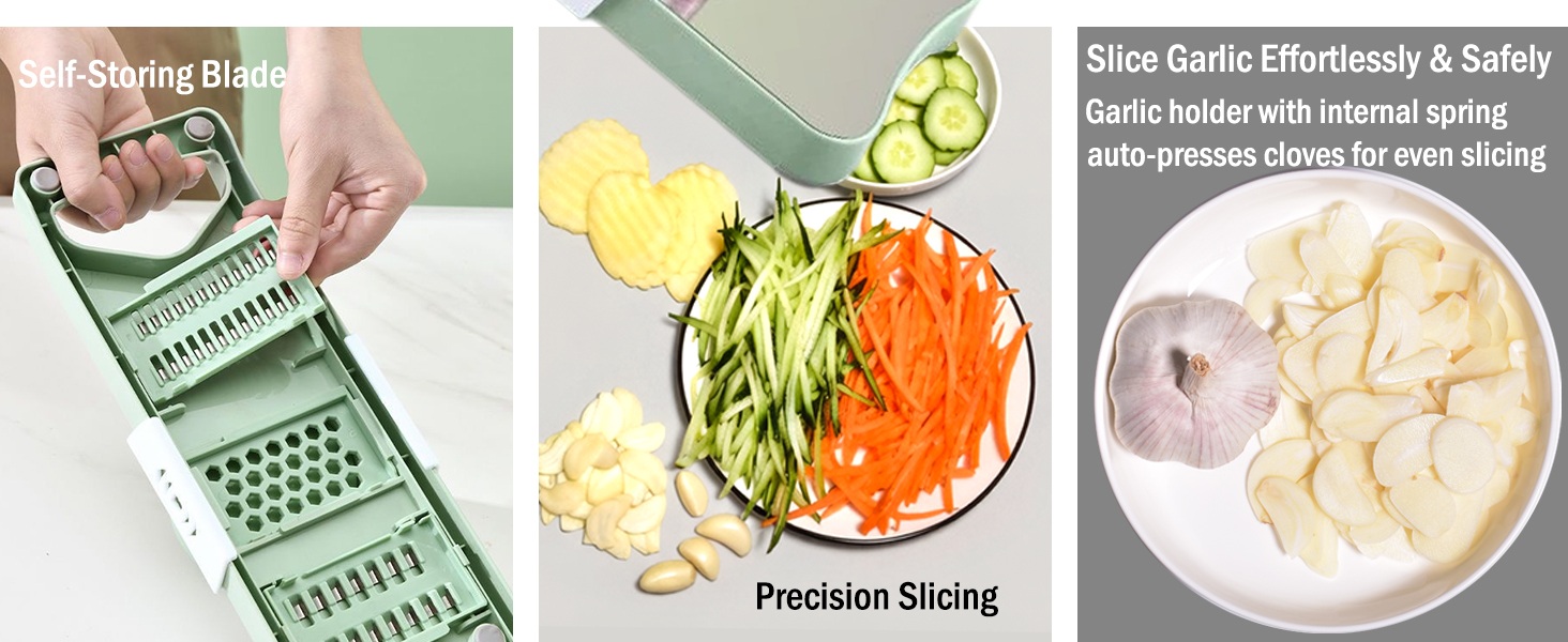 6-Blade Mandoline Slicer with Slide-On Hand Guard - Vegetable Slicer, Potato/Onion/Garlic Slicer, Kitchen Grater(Multi-Color) (Seafoam green, 6-in-1)