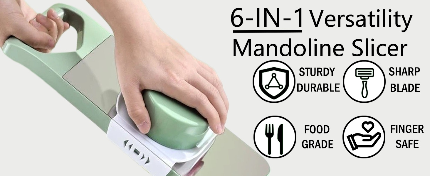6-Blade Mandoline Slicer with Slide-On Hand Guard - Vegetable Slicer, Potato/Onion/Garlic Slicer, Kitchen Grater(Multi-Color) (Seafoam green, 6-in-1)