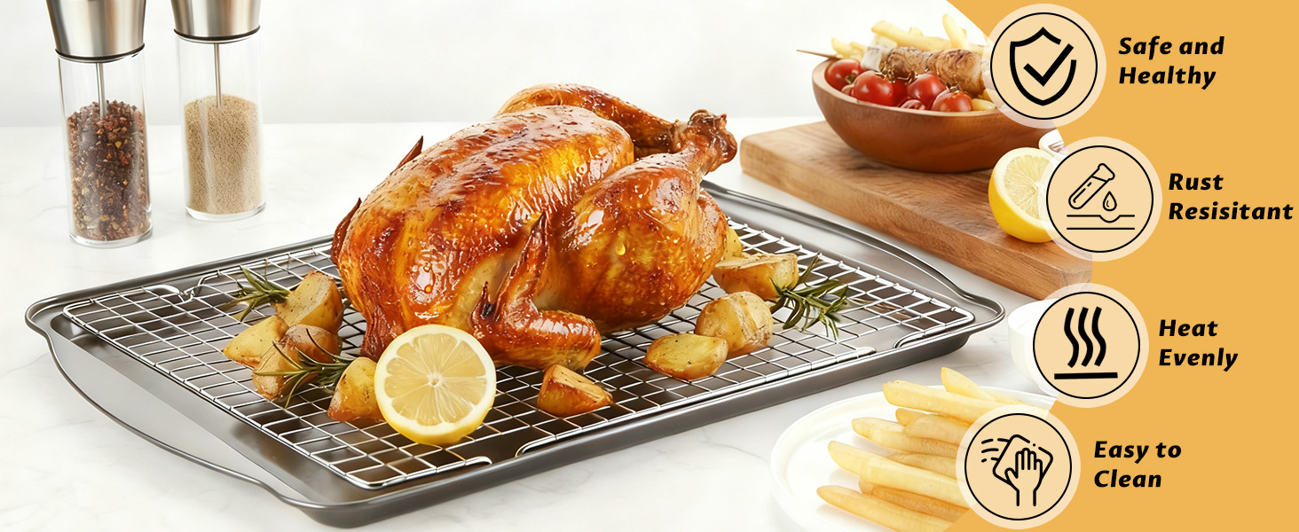 Baking Sheet with Cooling Racks - Carbon Steel Cookie Sheets for Baking [2 Sheets + 2 Racks], Nonstick Baking Pans, Perfect for Baking, Roasting, and More, Size 17 x 11 x 0.5 Inches