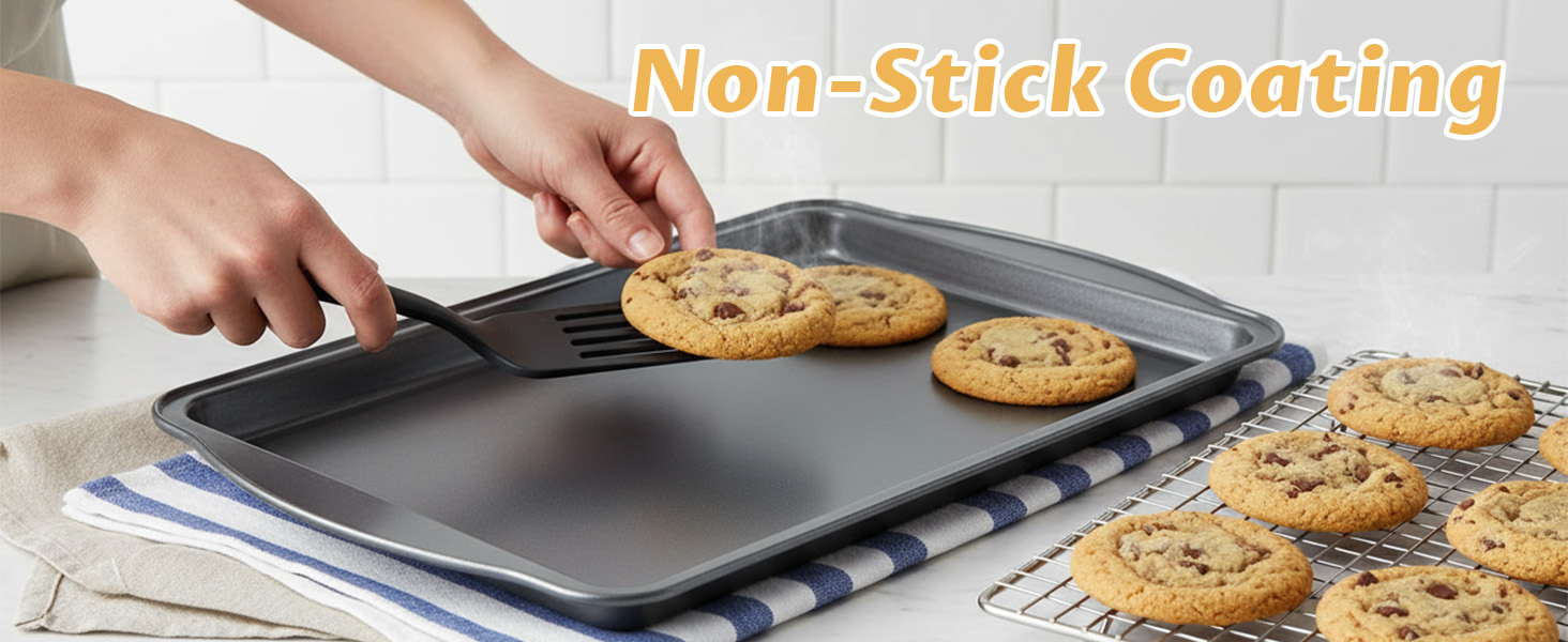 Baking Sheet with Cooling Racks - Carbon Steel Cookie Sheets for Baking [2 Sheets + 2 Racks], Nonstick Baking Pans, Perfect for Baking, Roasting, and More, Size 17 x 11 x 0.5 Inches