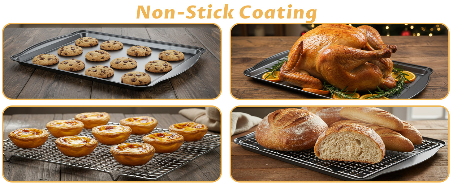Baking Sheet with Cooling Racks - Carbon Steel Cookie Sheets for Baking [2 Sheets + 2 Racks], Nonstick Baking Pans, Perfect for Baking, Roasting, and More, Size 17 x 11 x 0.5 Inches