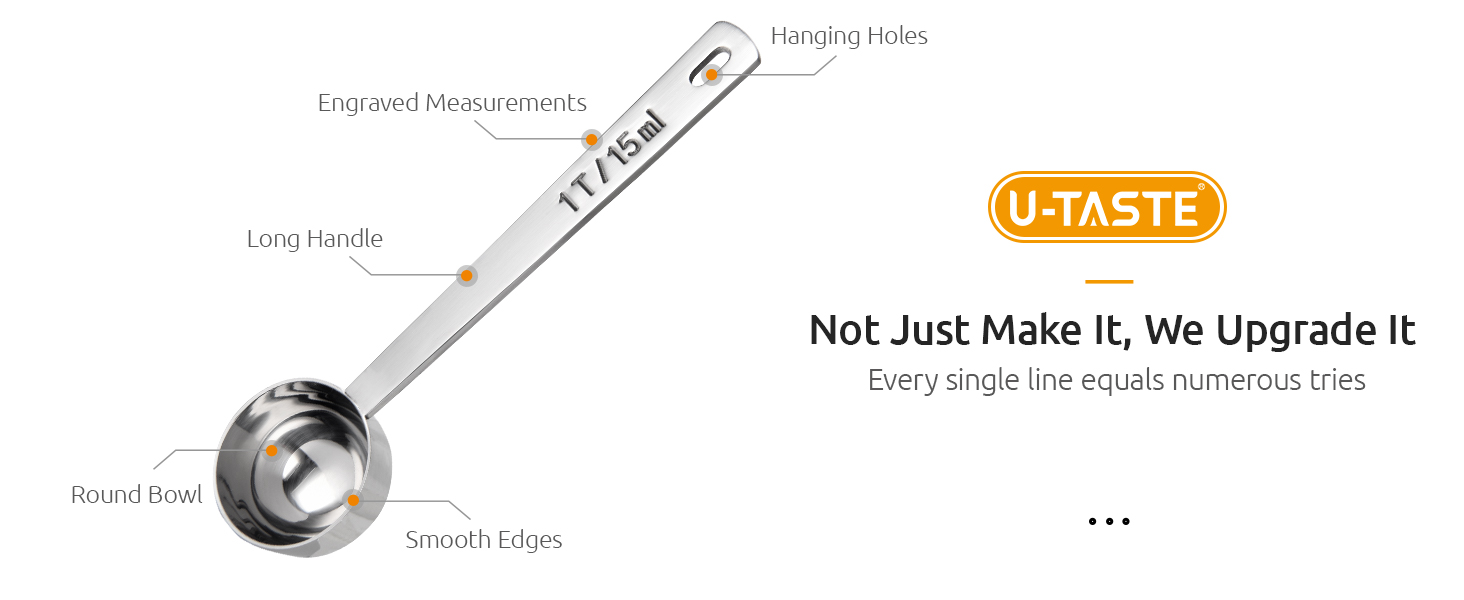 U-Taste Coffee Scoop 1 Tablespoon: 18/8 Stainless Steel Measuring Scooper for Ground Coffee, Bean, Powder, Espresso, 4.3in Long Handle Metal Measure Spoon for Canister, Jar (1Tbsp/15ml)
