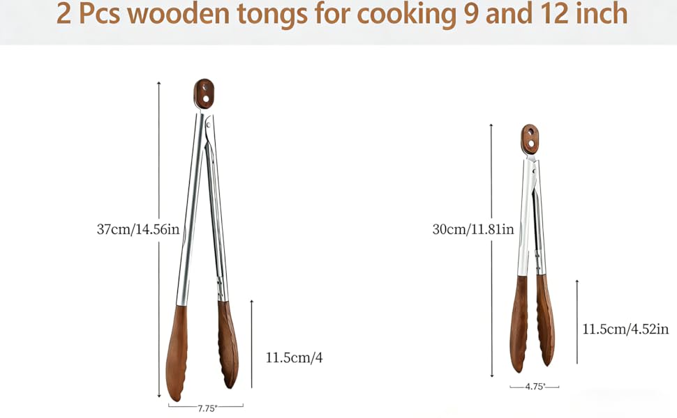 Wooden Tongs for Cooking Heat Resistant 2 Pcs 9 Inch 12 Inch Wooden Salad Tongs with Wood Tip for Serving Food Walnut Wood Kitchen Utensils for Toaster Home Chefs Gift Suitable for Non-stick Cookware