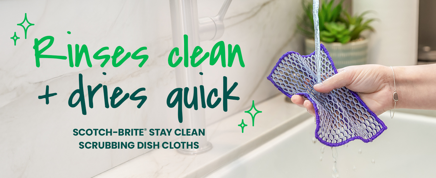 Scotch-Brite® Stay Clean Scrubbing Dish Cloths, Reusable and Long-Lasting Mesh Dish Rags That Dry Fast to Resist Odors, Scratch-Free Scrubber Wipes That are Safe on All Surfaces, 2 Dish Towels