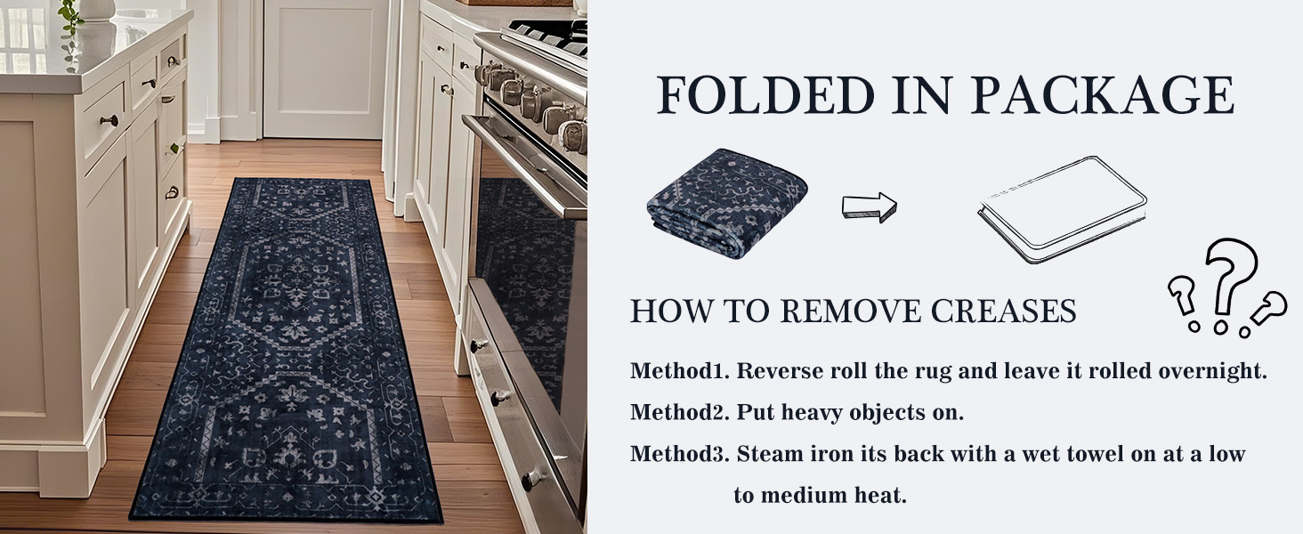 Kitchen Rug Sets of 3, Navy Boho Washable Non Slip Kitchen Mats for Floor Soft Runner Throw Rugs for Hallway Bathroom Laundry Front of Sink