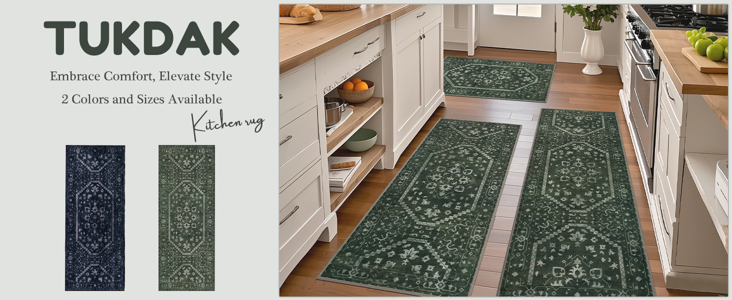 Kitchen Rug Sets of 3, Navy Boho Washable Non Slip Kitchen Mats for Floor Soft Runner Throw Rugs for Hallway Bathroom Laundry Front of Sink