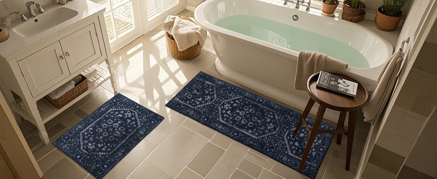 Kitchen Rug Sets of 3, Navy Boho Washable Non Slip Kitchen Mats for Floor Soft Runner Throw Rugs for Hallway Bathroom Laundry Front of Sink