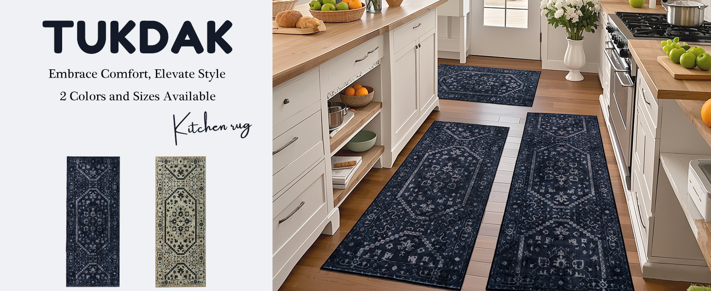 Kitchen Rug Sets of 3, Navy Boho Washable Non Slip Kitchen Mats for Floor Soft Runner Throw Rugs for Hallway Bathroom Laundry Front of Sink
