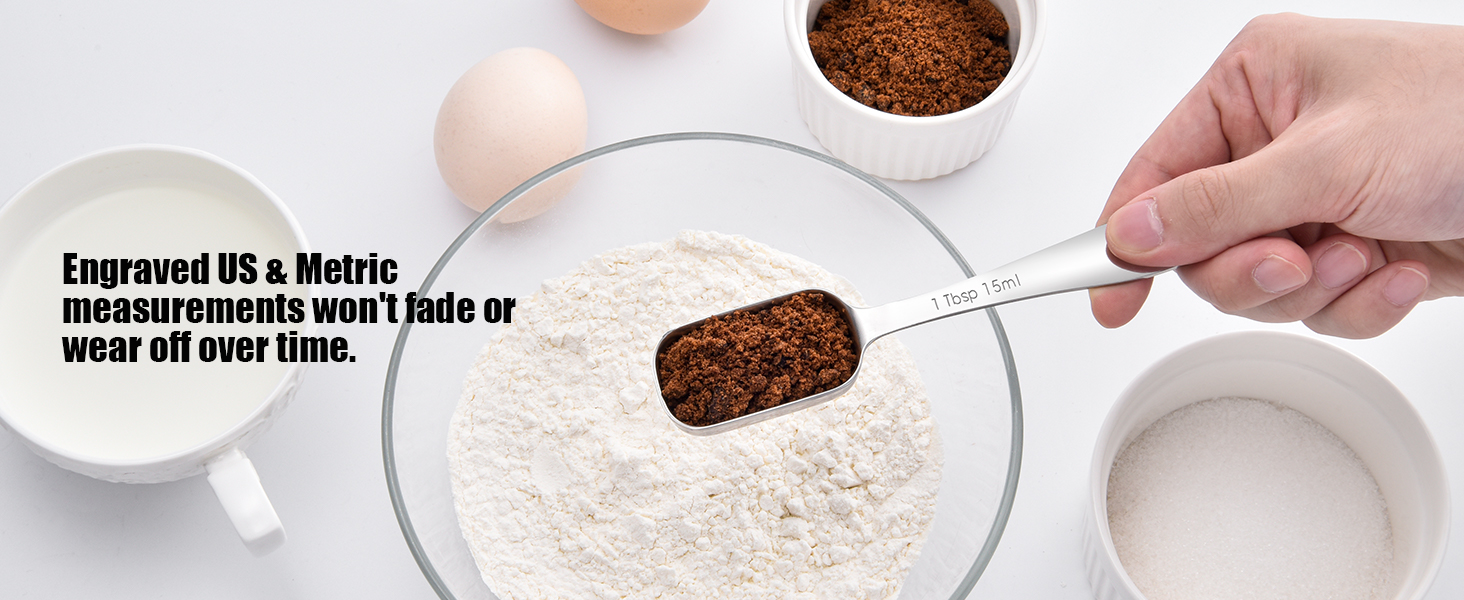 18/8 Stainless Steel Measuring Spoons: Doosu Heavy Duty Rectangular Spoon Square Teaspoon Tablespoon Scoop with Slim Long Handle in Narrow Spice Jar for Kitchen Baking Cooking (Set of 8 with Leveler)