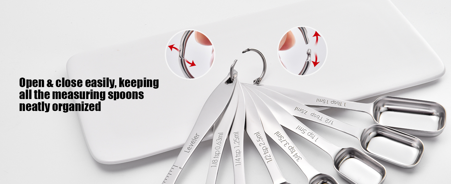18/8 Stainless Steel Measuring Spoons: Doosu Heavy Duty Rectangular Spoon Square Teaspoon Tablespoon Scoop with Slim Long Handle in Narrow Spice Jar for Kitchen Baking Cooking (Set of 8 with Leveler)