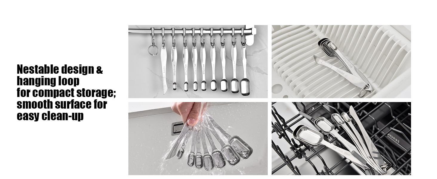 18/8 Stainless Steel Measuring Spoons: Doosu Heavy Duty Rectangular Spoon Square Teaspoon Tablespoon Scoop with Slim Long Handle in Narrow Spice Jar for Kitchen Baking Cooking (Set of 8 with Leveler)